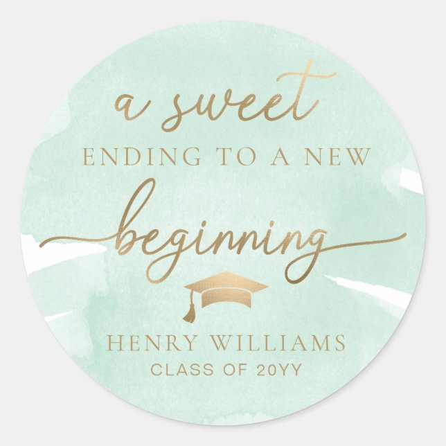 Green Watercolor Sweet New Beginning Graduation Classic Round Sticker (Front)