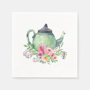 Green Watercolor Teapot and Floral Napkin