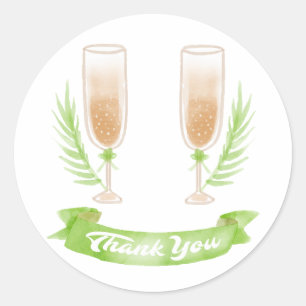 Green Watercolor Thank You Champagne Glasses Classic Round Sticker