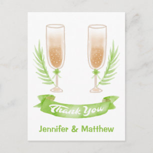 Green Watercolor Thank You Wine Glasses Wedding Postcard