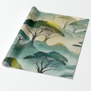 Green Watercolor Themed Trees And Hill Landscape Wrapping Paper