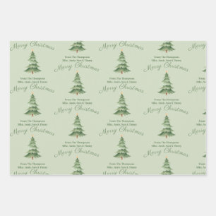 Green Watercolor Tree Custom Christmas Wrapping Paper Sheet