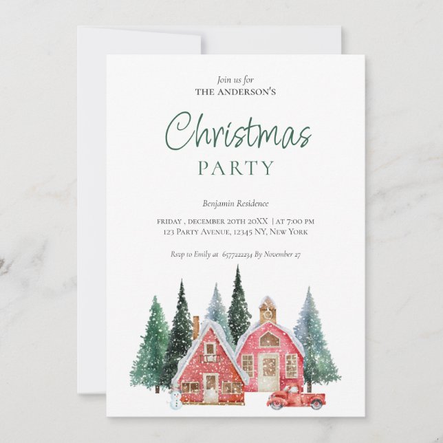 Green Watercolor Tree QR Code Christmas Party  Holiday Card (Front)