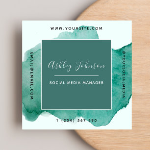 Green Watercolor Trendy Social Media QR Code Bold  Square Business Card