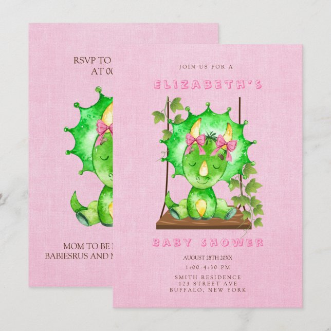 Green Watercolor Triceratops Girl Baby Shower  Invitation (Front/Back)