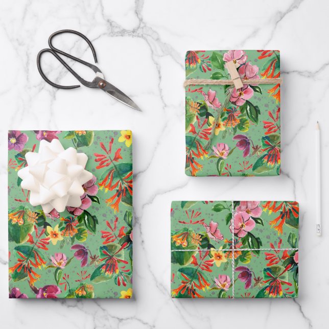 Green Watercolor Tropical Floral Wrapping Paper (Front)