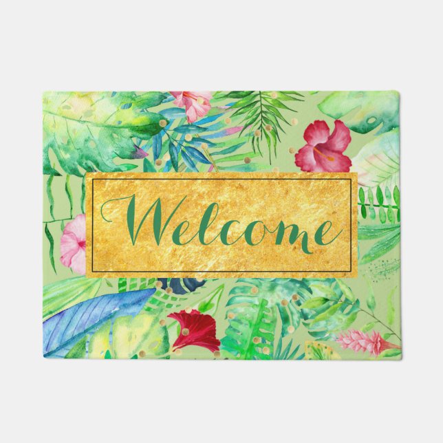 green watercolor tropical jungle welcome doormat (Front)