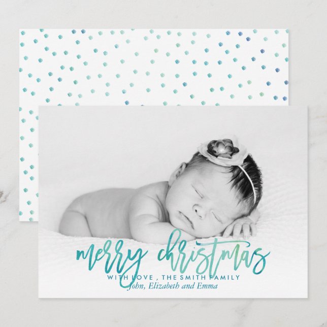 Green Watercolor Typography Christmas Photo Holiday Card (Front/Back)