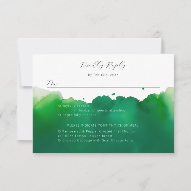 Green watercolor wash meal choices RSVP card (Front)