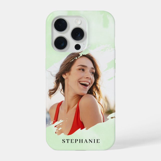 Green Watercolor Wash Personalized Photo with Name iPhone Case (Back)