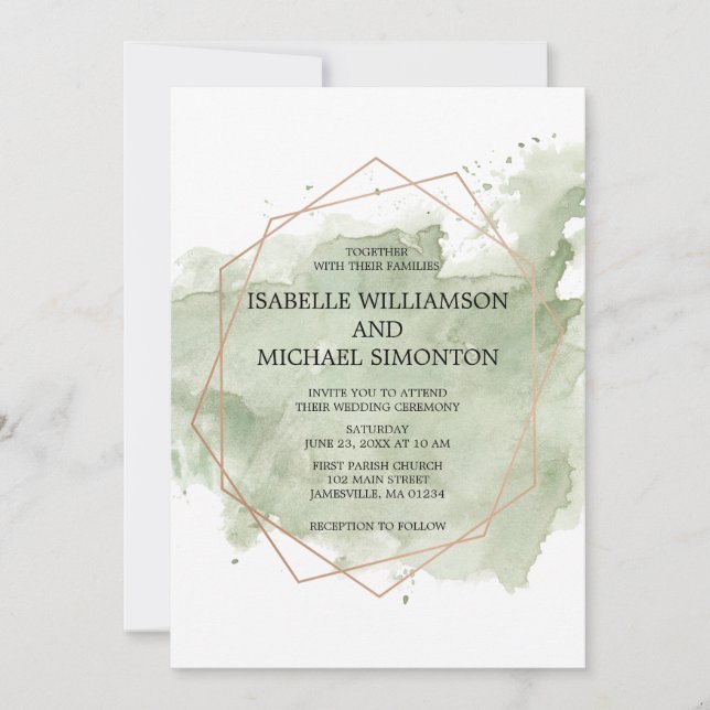 Green Watercolor Wash Wedding Invitations (Front)