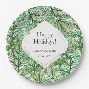 Green Watercolor Western Pine Branches  Paper Plate