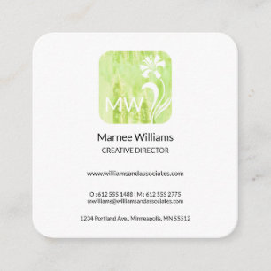 Green Watercolor & White Flower Business Card