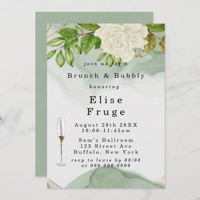 Green Watercolor White Roses Brunch & Bubbly Invitation (Front/Back)