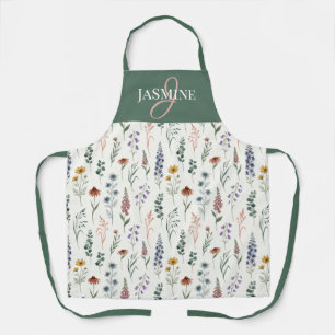 Green Watercolor Wildflower Boho Monogram Name Apron