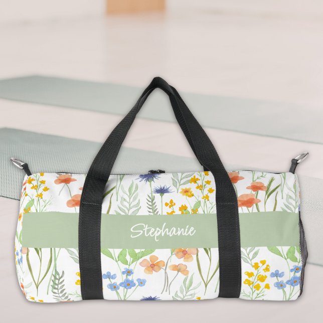 Green Watercolor Wildflower Monogram Name Duffle Bag (Creator Uploaded)