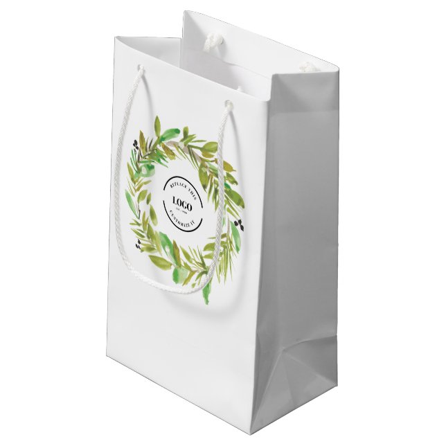 Green Watercolor Wreath Business logo Christmas Small Gift Bag (Back Angled)