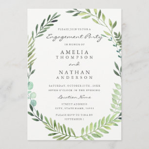 Green Watercolor Wreath Engagement Party Invite