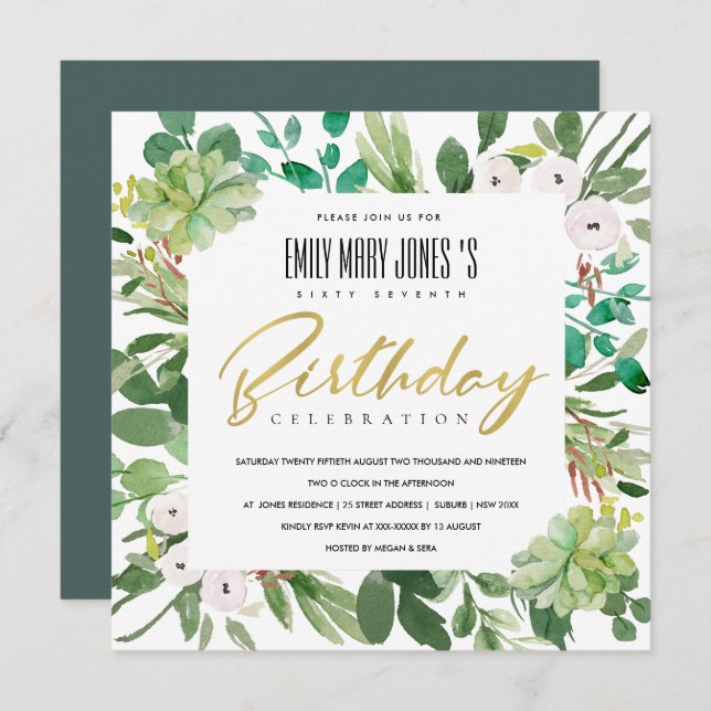 GREEN WATERCOLOR WREATH FOLIAGE ANY AGE BIRTHDAY INVITATION (Front/Back)