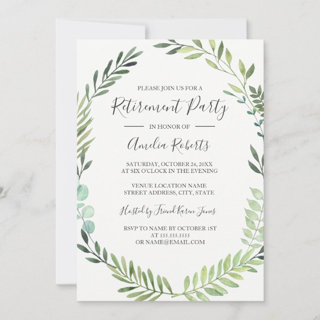 Green Watercolor Wreath Retirement Party Invitation (Front)
