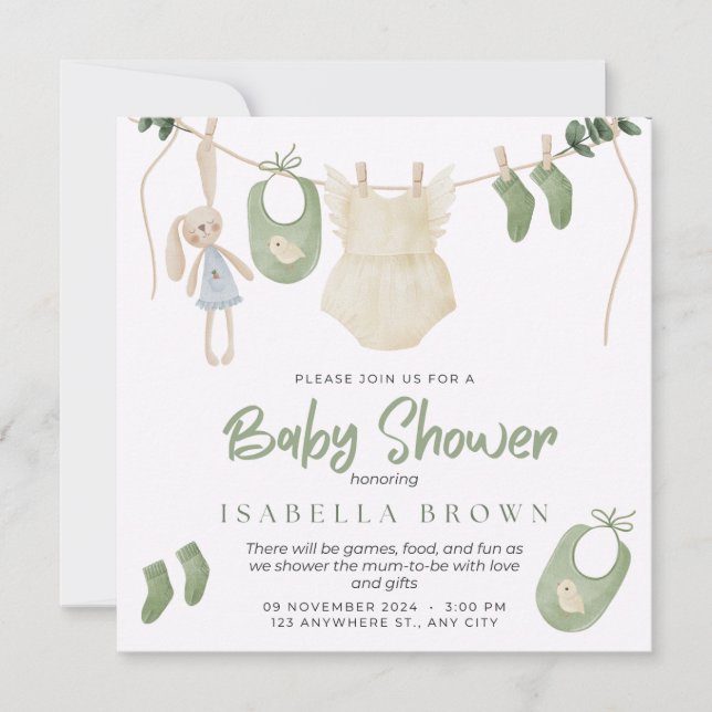 Green Watercolour Baby Shower Invitation (Front)