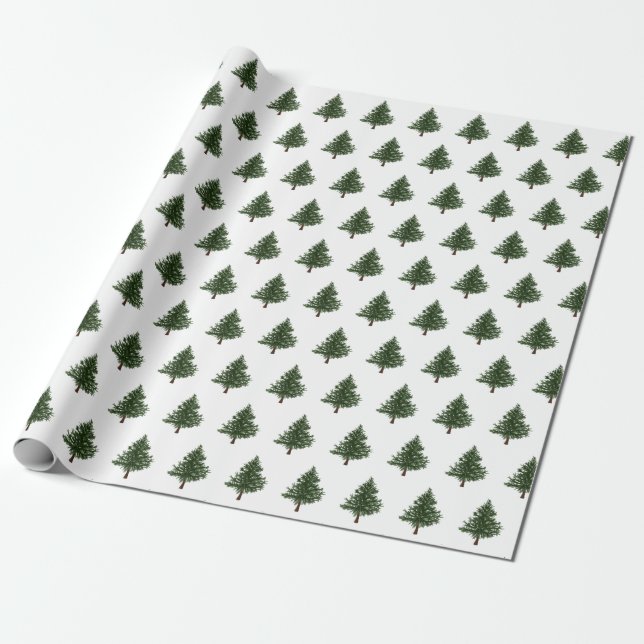 Green Watercolour Christmas Tree Pattern Wrapping Paper (Unrolled)