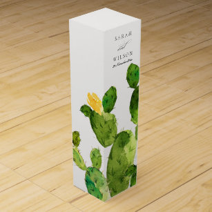 GREEN WATERCOLOUR DESERT CACTUS FLOWER MONOGRAM WINE GIFT BOX