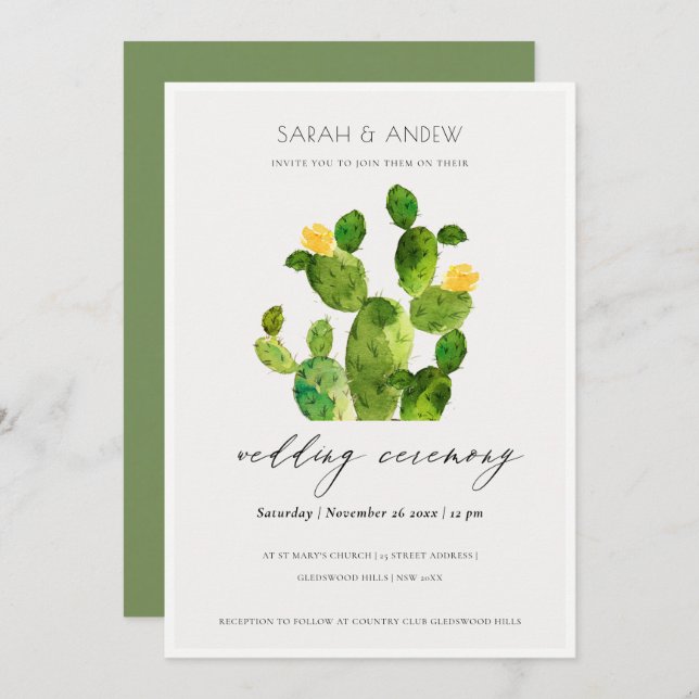 GREEN WATERCOLOUR DESERT CACTUS FLOWER  WEDDING INVITATION (Front/Back)