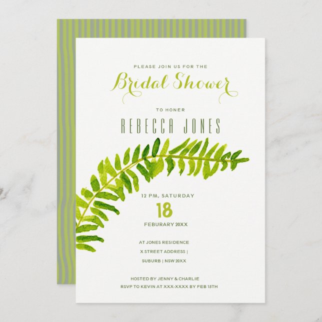 GREEN WATERCOLOUR FERN FOLIAGE Bridal Shower Invitation (Front/Back)