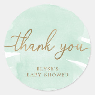 Green Watercolour Gold Baby Shower Favour Sticker