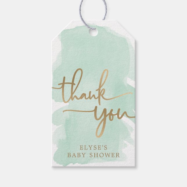 Green Watercolour Gold Baby Shower Favour Tag (Front)
