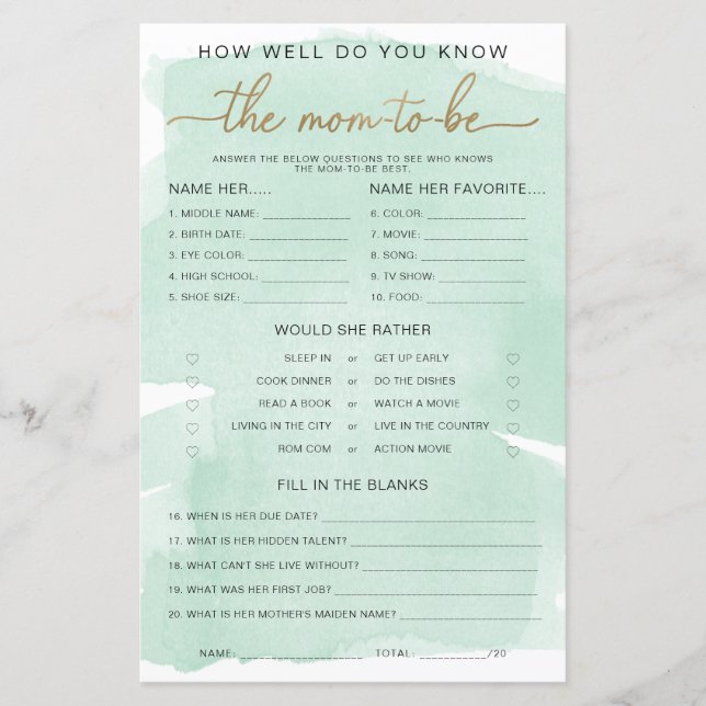 Green Watercolour Gold Know The Mum-to-be Game (Front)