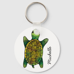 Green Watercolour Ink Drawn Turtle Key Ring