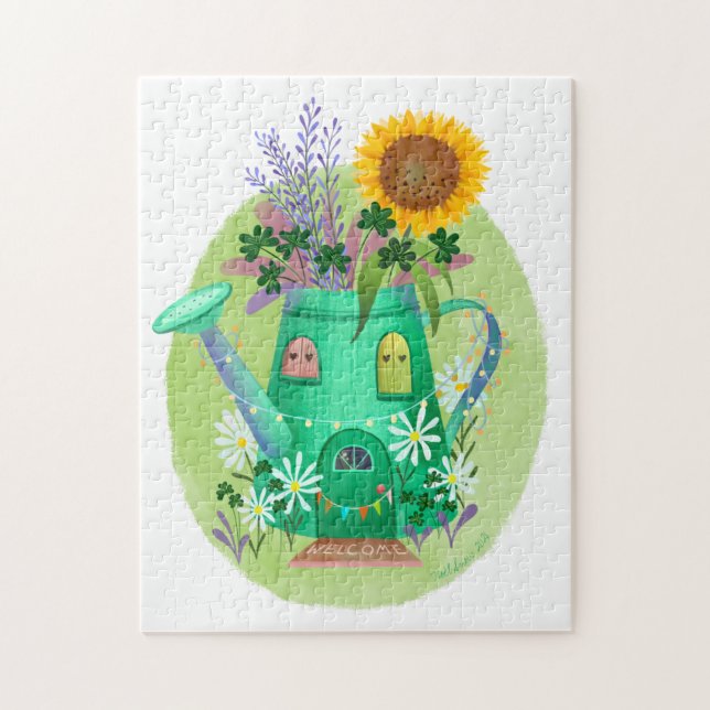 Green Watering Can Cottage and Sunflower Jigsaw Puzzle (Vertical)
