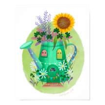 Green Watering Can Cottage Art Print  