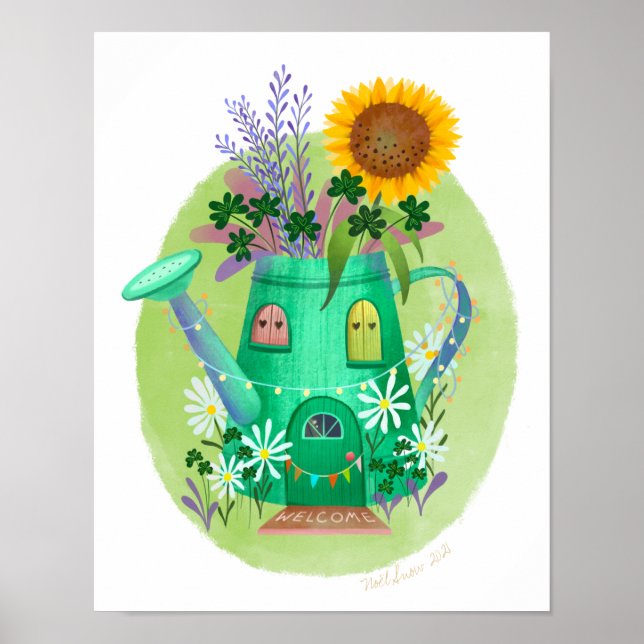 Green Watering Can Cottage Art Print   (Front)
