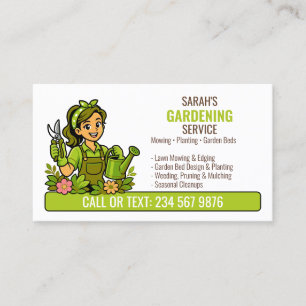 Green Watering Gardener Girl Lawn Care Business Card