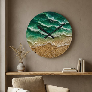 Green Wave Resin Look Beach Sand Ocean coastal Round Clock