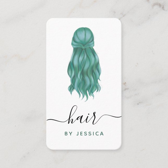Green Wavy Hair Hairstylist Add Logo Social Media Business Card (Front)