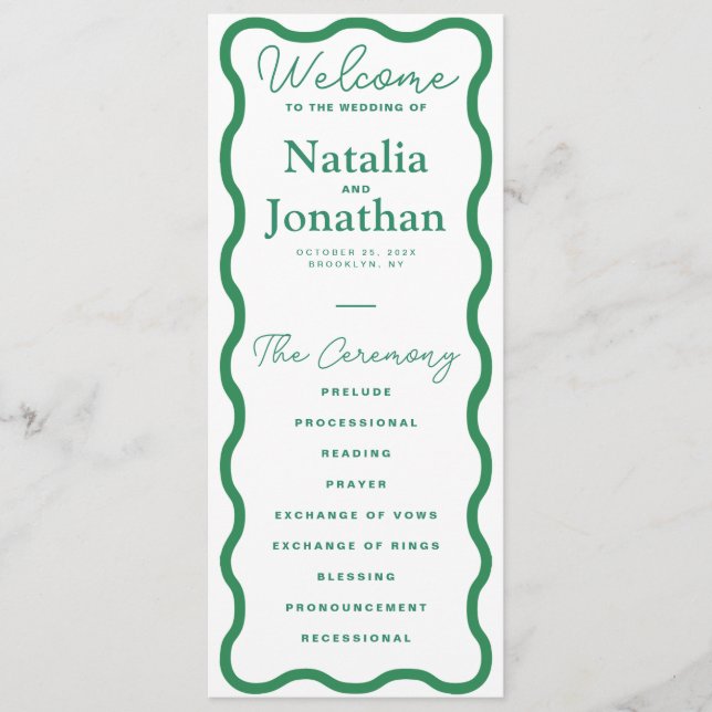 Green Wavy Retro Wedding Programme (Front)