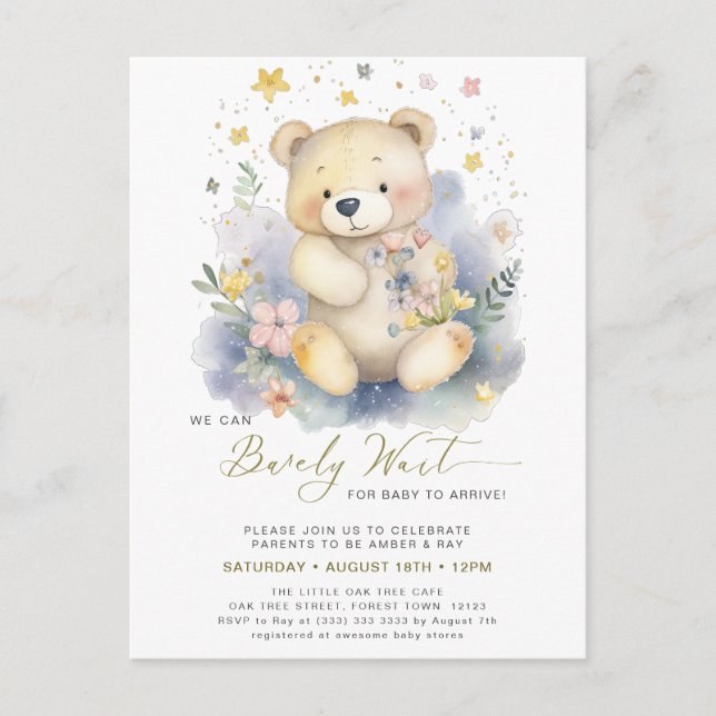Green We Can Bearly Wait Cute Girl Baby Shower Invitation Postcard (Front)