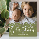 Green We Love You Grandma Photo Plaque<br><div class="desc">Personalised grandmother photo plaque featuring a precious family photo,  a botanical green heart border design,  the saying "we love you grandma",  and the childrens names.</div>