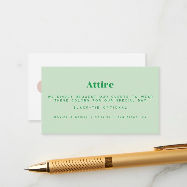 Green Wedding Attire Guest Cards (Front/Back In Situ)