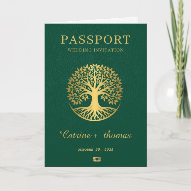 Green Wedding Destination Passport World Map Invitation (Front)