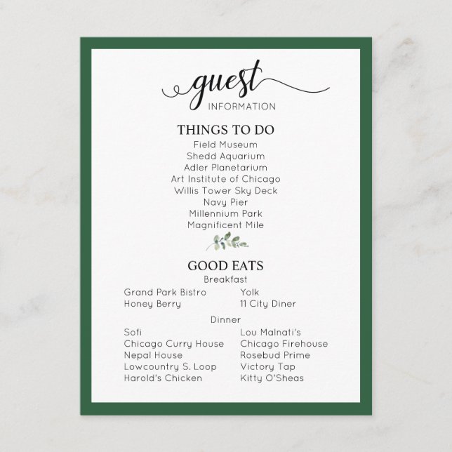  Green Wedding Details Guest Information  Enclosur Enclosure Card (Front)