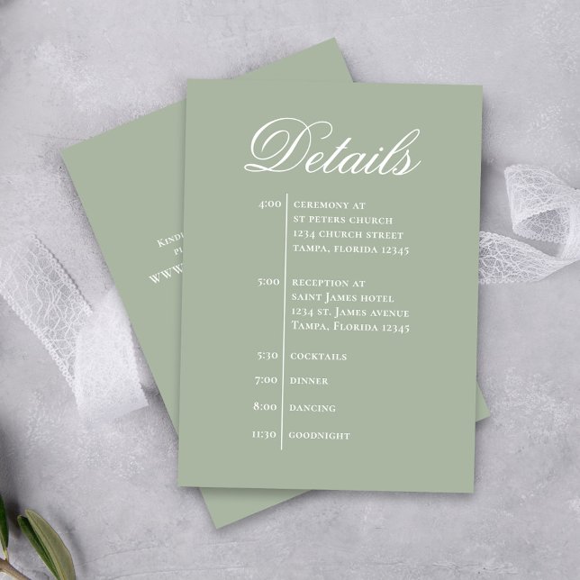 Green Wedding Details Simple RSVP Custom Enclosure Card (Green wedding elegant details with timeline enclosure card.)
