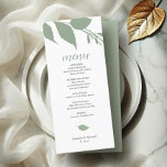 Green Wedding Foliage Menu Card<br><div class="desc">et the tone for your spring, summer, or fall celebration with this modern and simplistic wedding menu card. Featuring minimalistic botanical leaves in soft sage green, this design blends minimalistic beauty with timeless sophistication. Easily customise the template with your menu items, names, and event date, making it perfect for weddings,...</div>