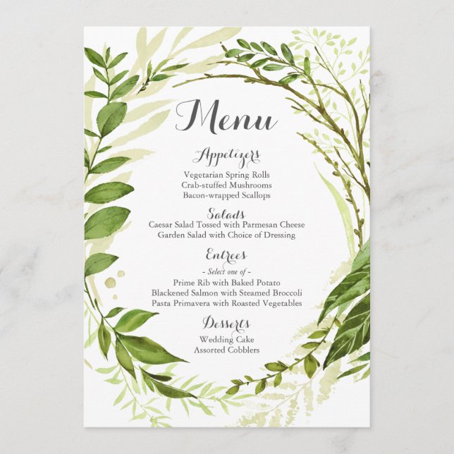 Green Wedding Menu Cards, Rustic Greenery (Front)