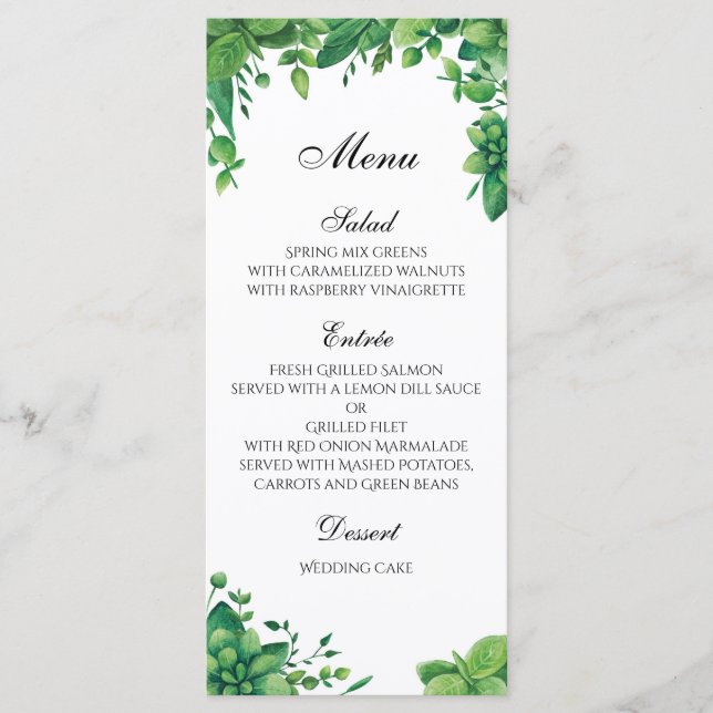 Green wedding menu outdoor. Summer dinner menu (Front)