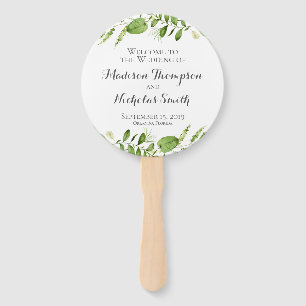 Green Wedding Program Circle Fan, Rustic Greenery Hand Fan